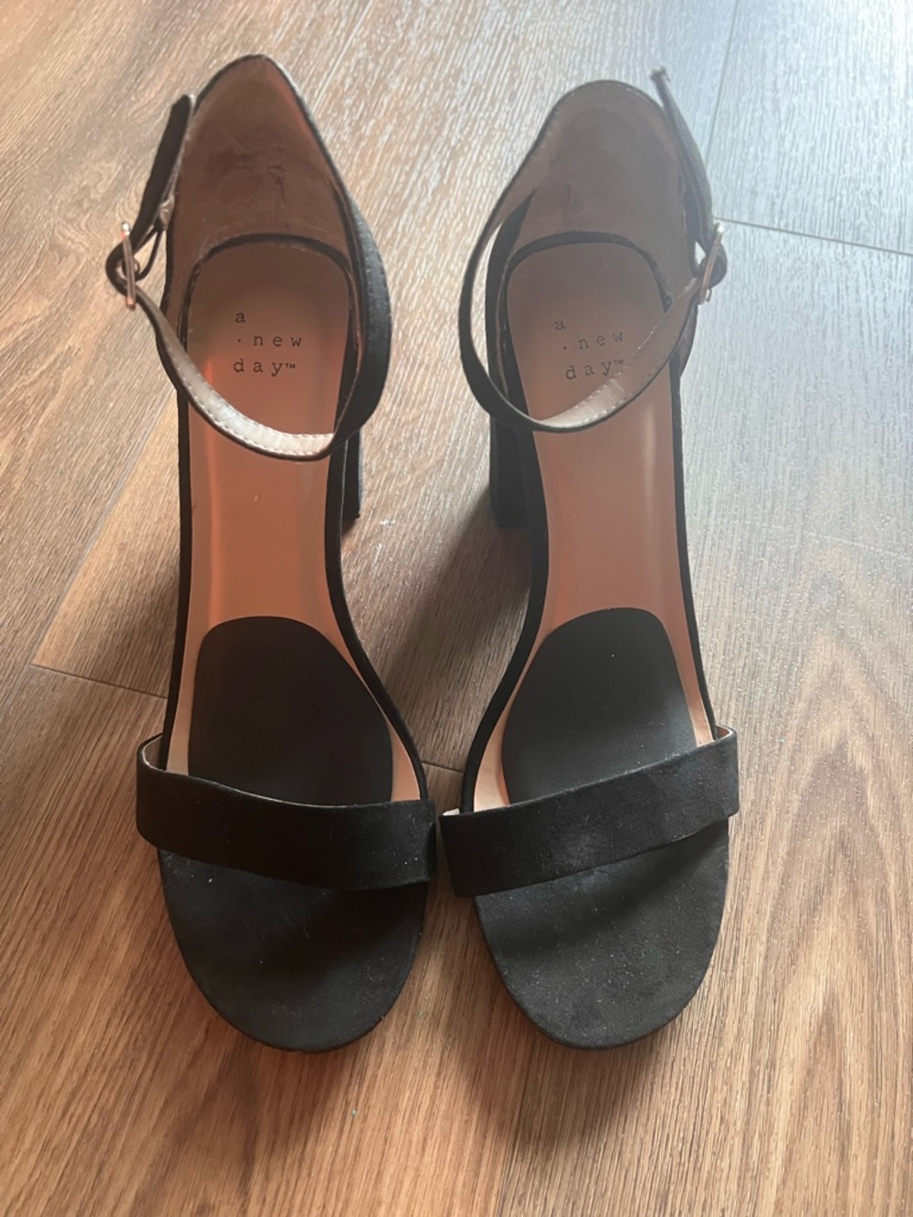 a new day Black Ankle Strap Block Heel Sandals, gently worn once, size 9.5